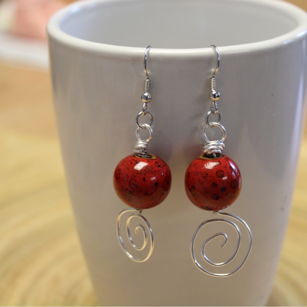 Red and silver hand made earrings, red ball with silver wire